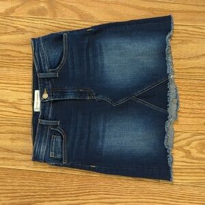 Dark wash denim blue jean mini skirt with frayed hem, Flying Monkey 28